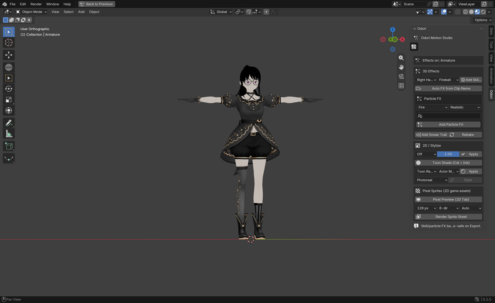 A character using the Effects page in Odori Motion Studio